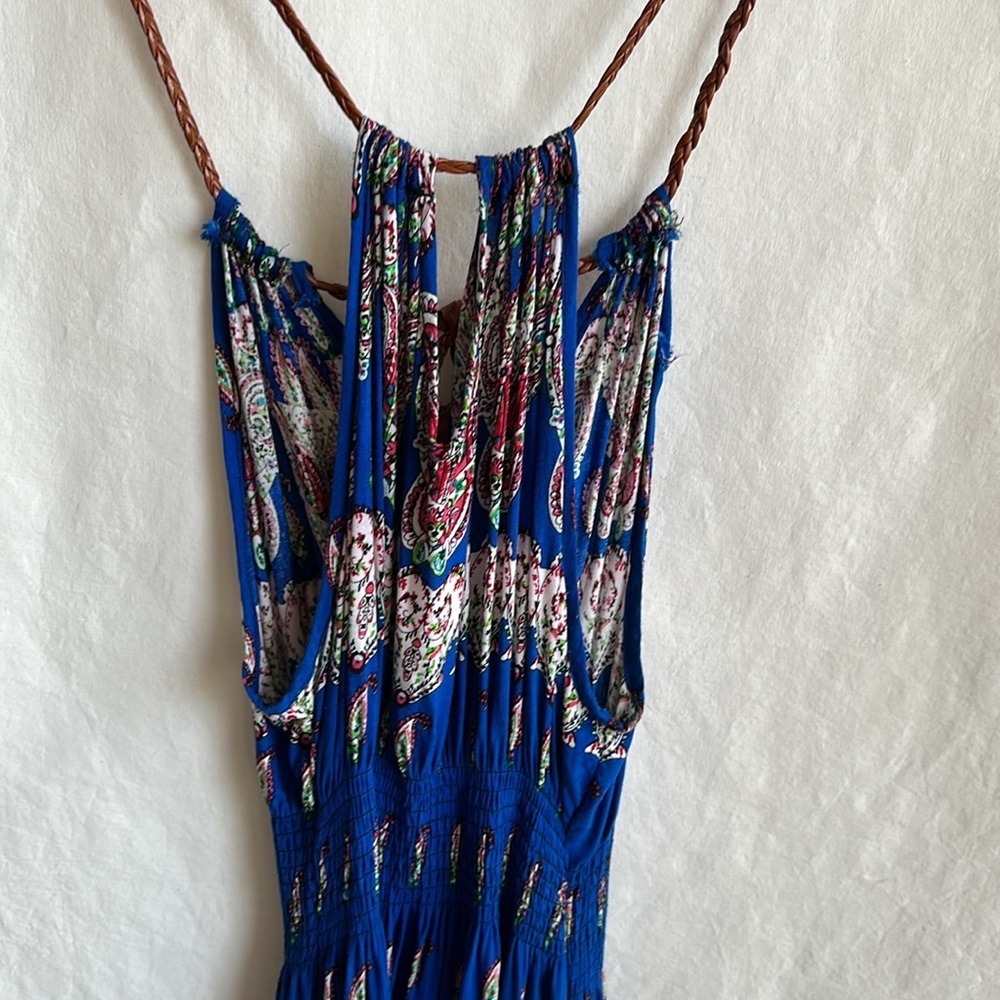 Royal blue print maxi halter dress with faux leather tie, size XS/S - Picture 6 of 9
